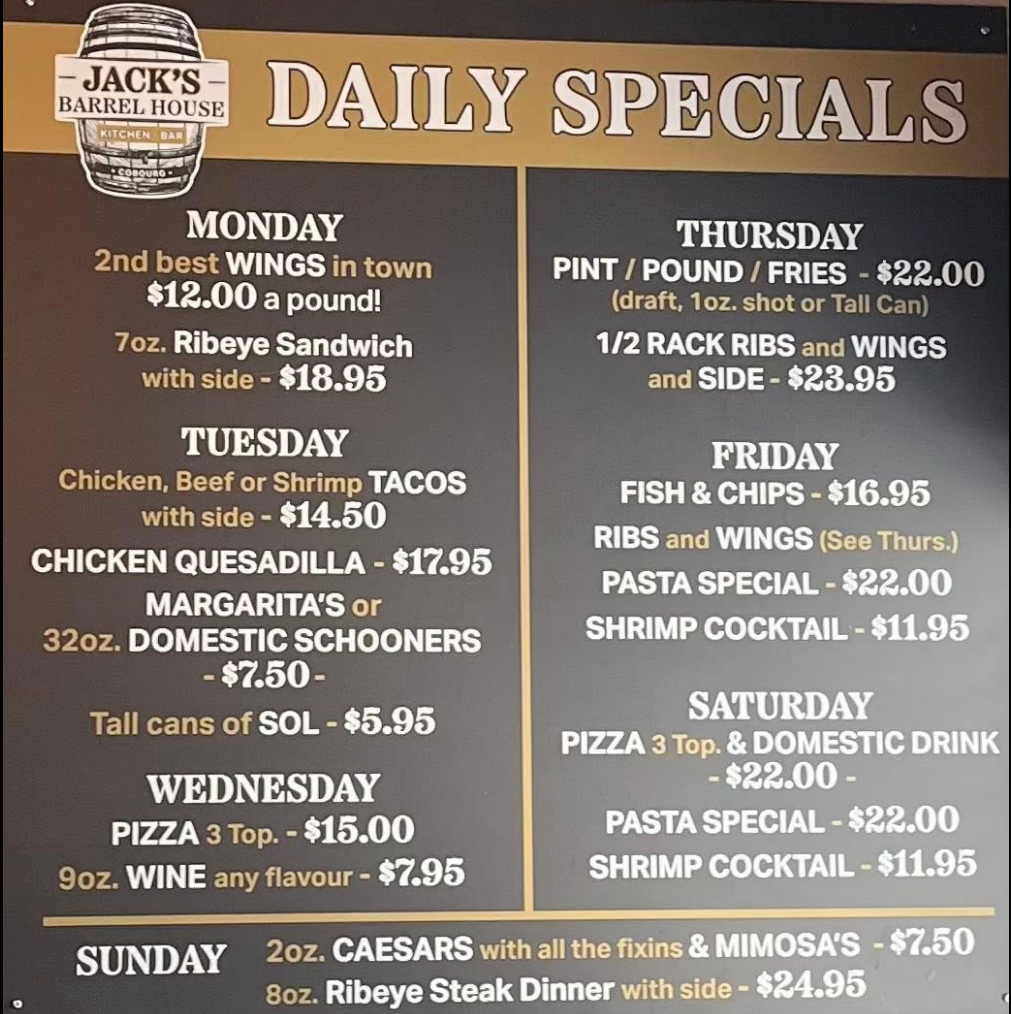 Jack's Barrel House Daily Menu